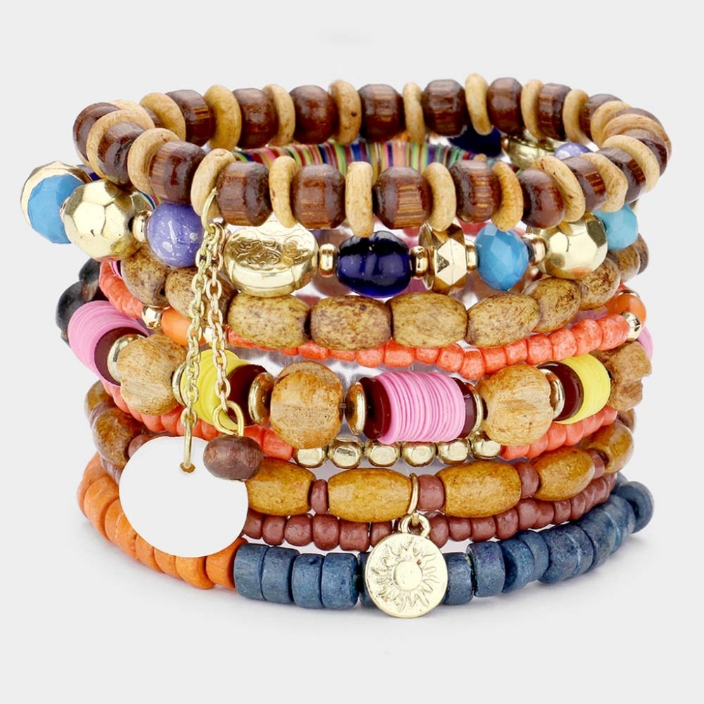 Brown Gold Wood Beaded 9 PC Mother Of Pearl Stretch Layered Bracelets